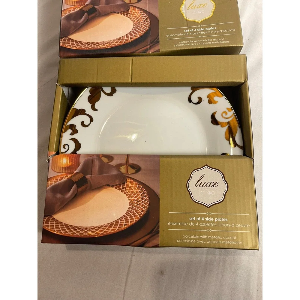 Luxe by Ciroa Porcelain Side Plates Set of 8 Gold Metallic Scroll White 7.5 inch